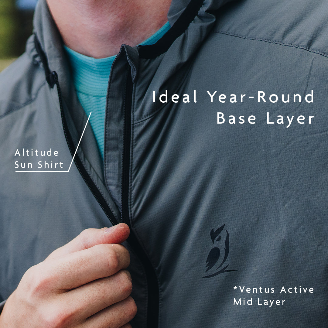 all-groups - close up showing a person wearing a mid layer over sun shirt to demonstrate use as a base layer