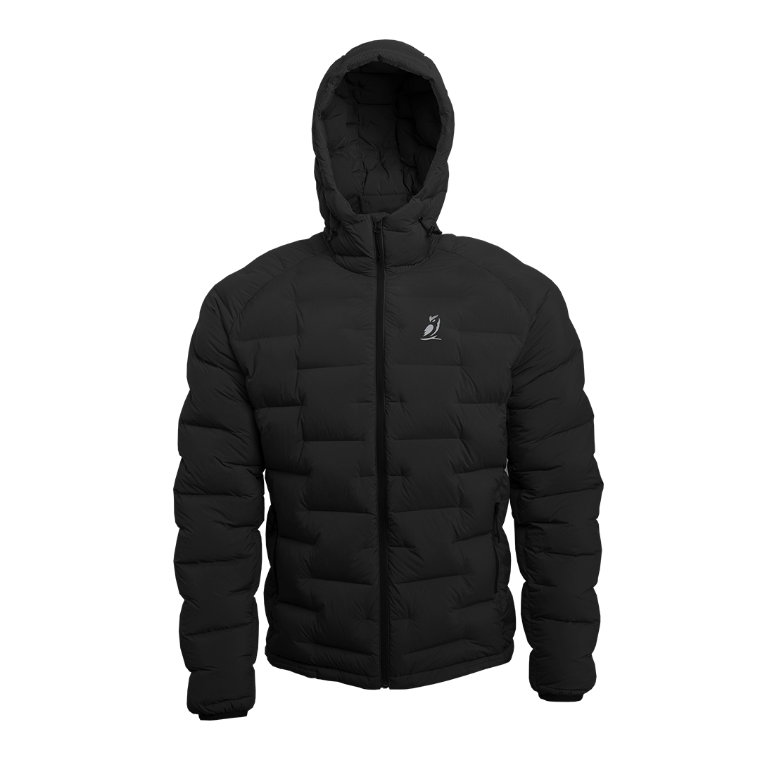 Outdoor Vitals Vantage Alpine Down Jacket in black – front view with hood up, ultralight 850 fill down insulation