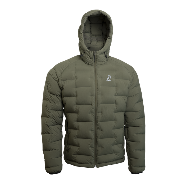 Outdoor Vitals Vantage Alpine Down Jacket in green – front view with hood, lightweight alpine insulation for backpacking