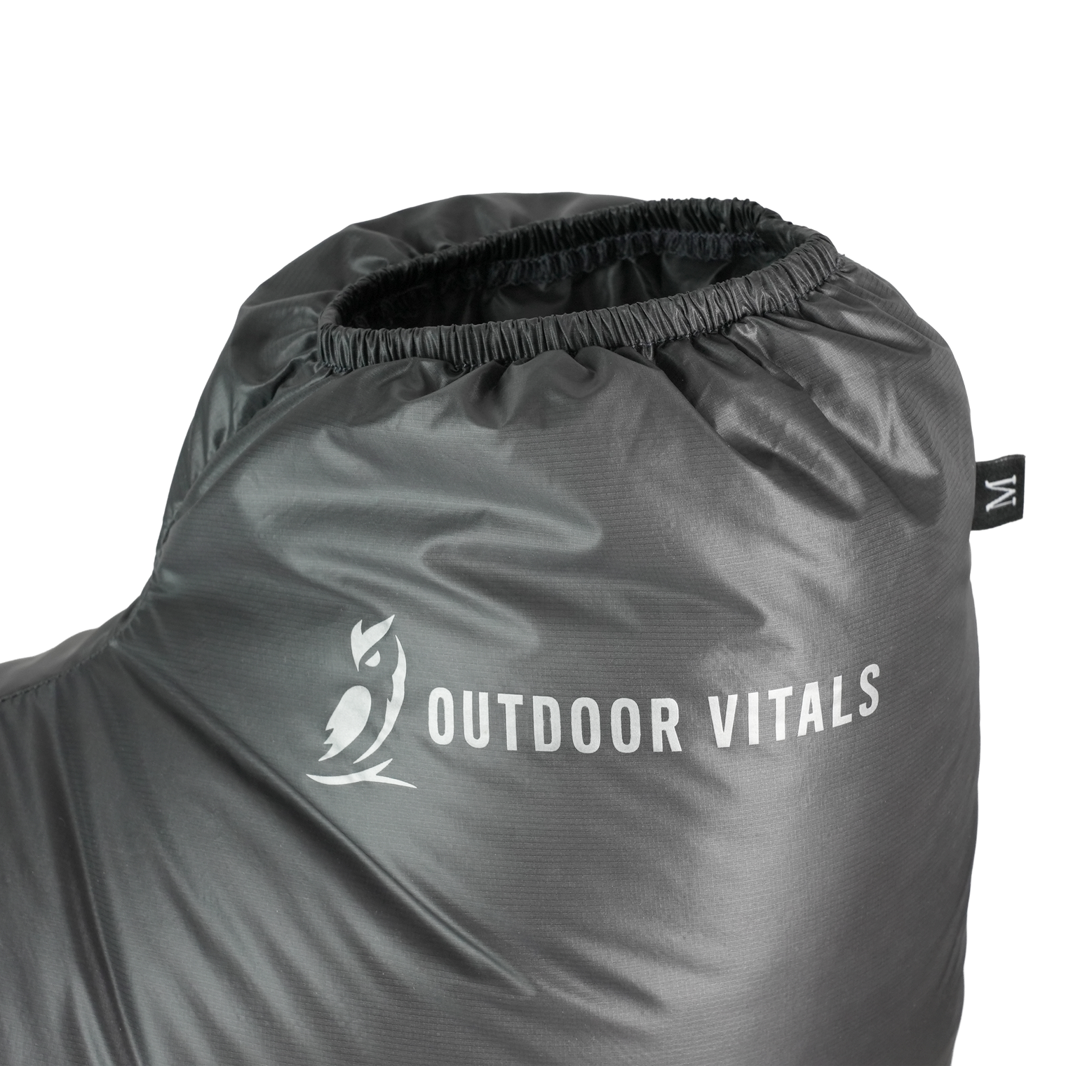Ultralight down camp booties with elastic ankle cuff and Outdoor Vitals logo close-up