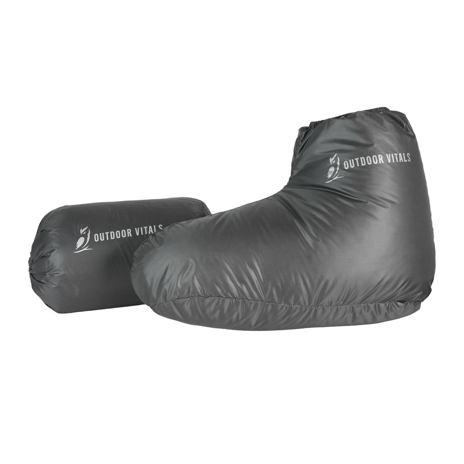 Ultralight down camp booties with included stuff sack for backpacking insulation