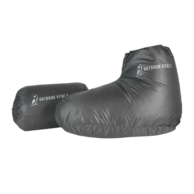 Ultralight down camp booties with included stuff sack for backpacking insulation