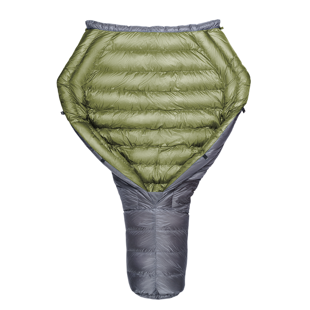 A green StormLoft Down TopQuilt, designed for use as a sleeping pad top quilt to insulate against cold drafts.