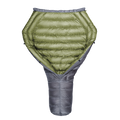 A green StormLoft Down TopQuilt, designed for use as a sleeping pad top quilt to insulate against cold drafts.