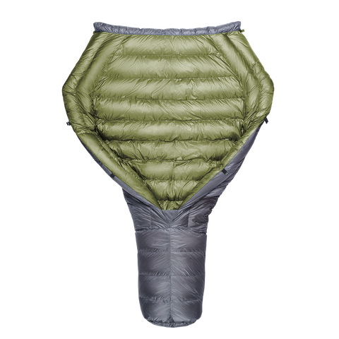 A green StormLoft Down TopQuilt, designed for use as a sleeping pad top quilt to insulate against cold drafts.