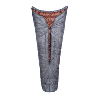 Full view of the red Outdoor Vitals StormLoft Down TopQuilt shown from the back, displaying its open-back design, pad attachment points, and tapered footbox.