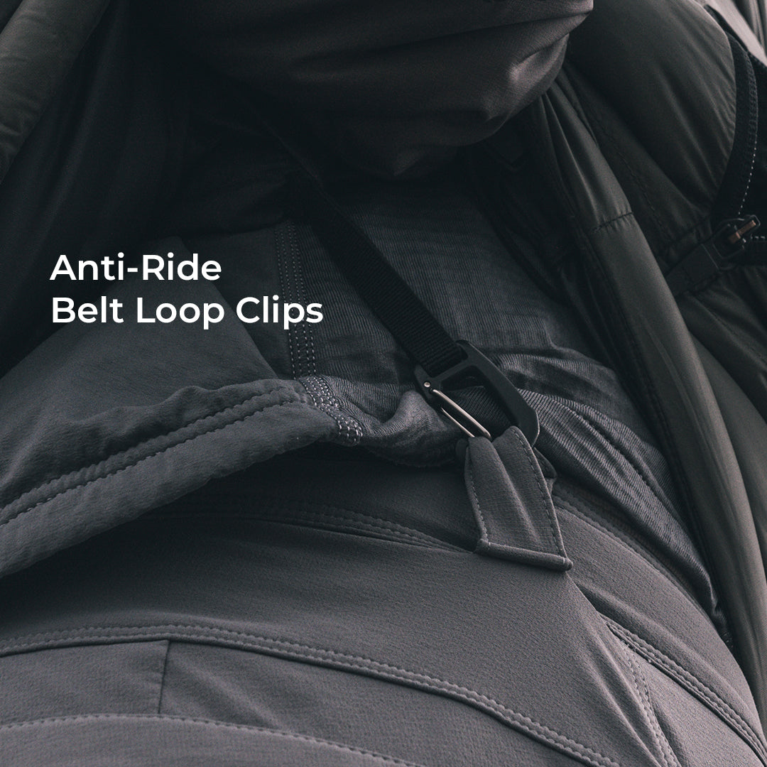 Close-up of a dark gray jacket with a belt loop strap and buckle detail, overlaid with the text 'Anti-Ride Belt Loop Clips'.