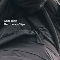 Close-up of a dark gray jacket with a belt loop strap and buckle detail, overlaid with the text 'Anti-Ride Belt Loop Clips'.