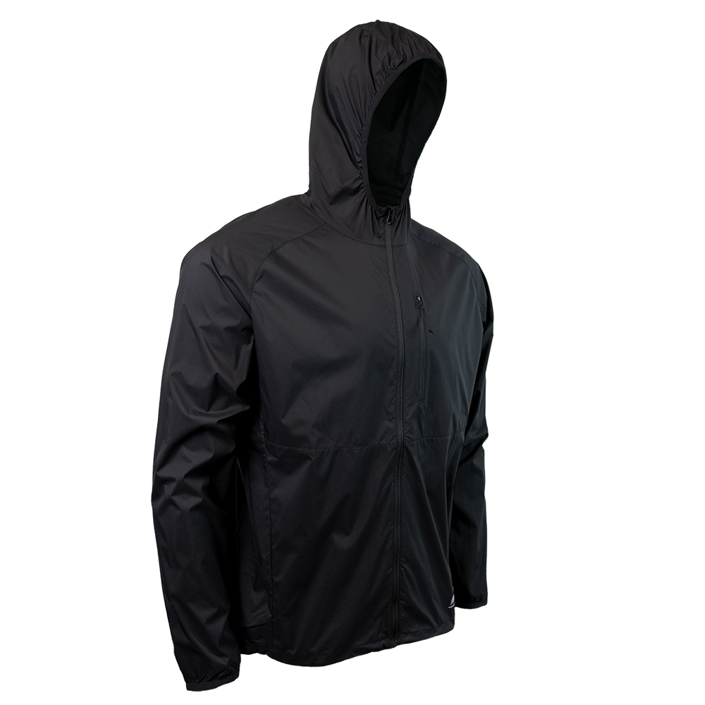45 degree front right side view of black colored windbreaker jacket for backpacking