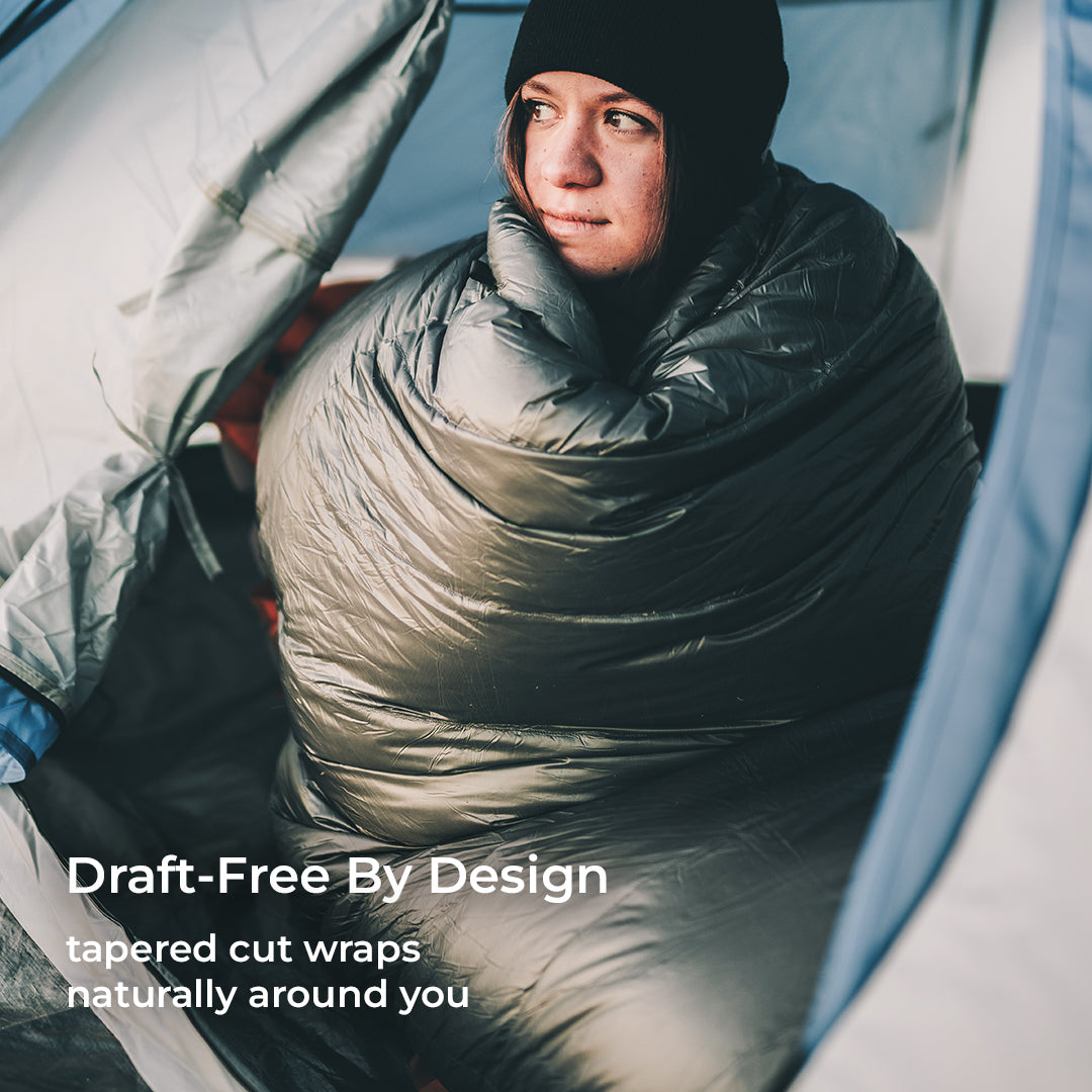 black 40 degree quilt wrapped around woman inside tent