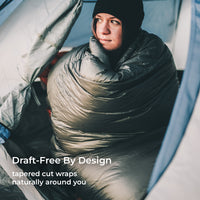 green 0 degree quilt wrapped around woman inside tent