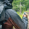 A close-up outdoor shot of a person wearing a waterproof jacket with water droplets on the fabric, with a blurred forest background and the text 'Durable 20D Face Fabric' overlaid on the right.