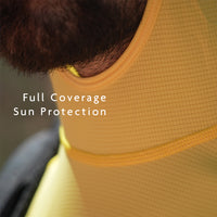 all-groups - Close-up of a person wearing a yellow sun hoodie showing high collar for neck protection