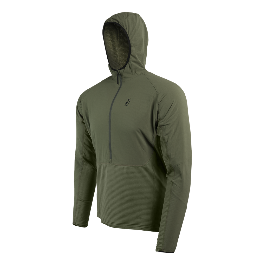 side view of olive green fleece hoodie for men