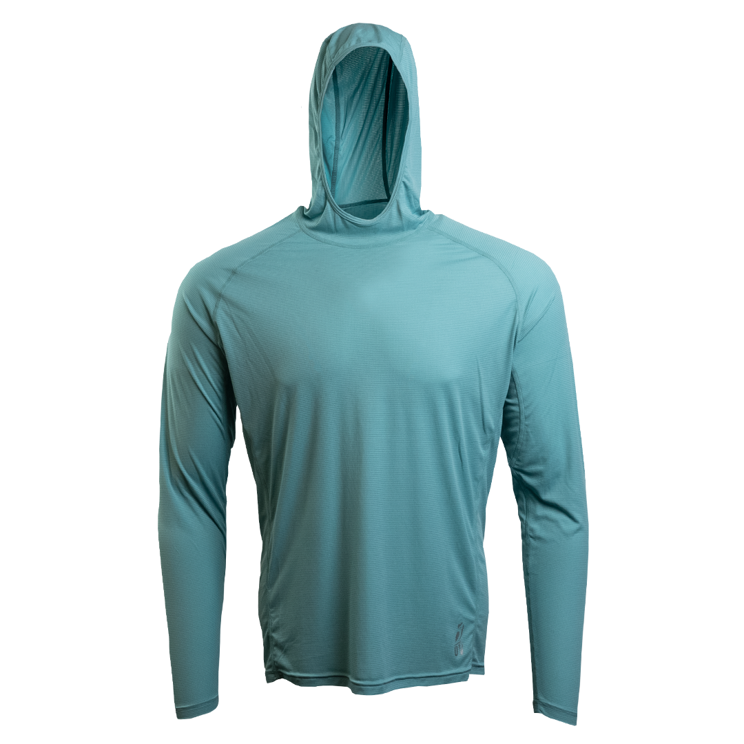 A blue ultralight synthetic hoodie with a hood, displaying true flat-lock seams and a minimal clean collar.
