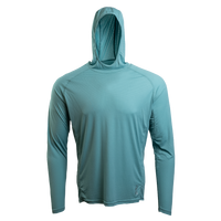 A blue ultralight synthetic hoodie with a hood, displaying true flat-lock seams and a minimal clean collar.