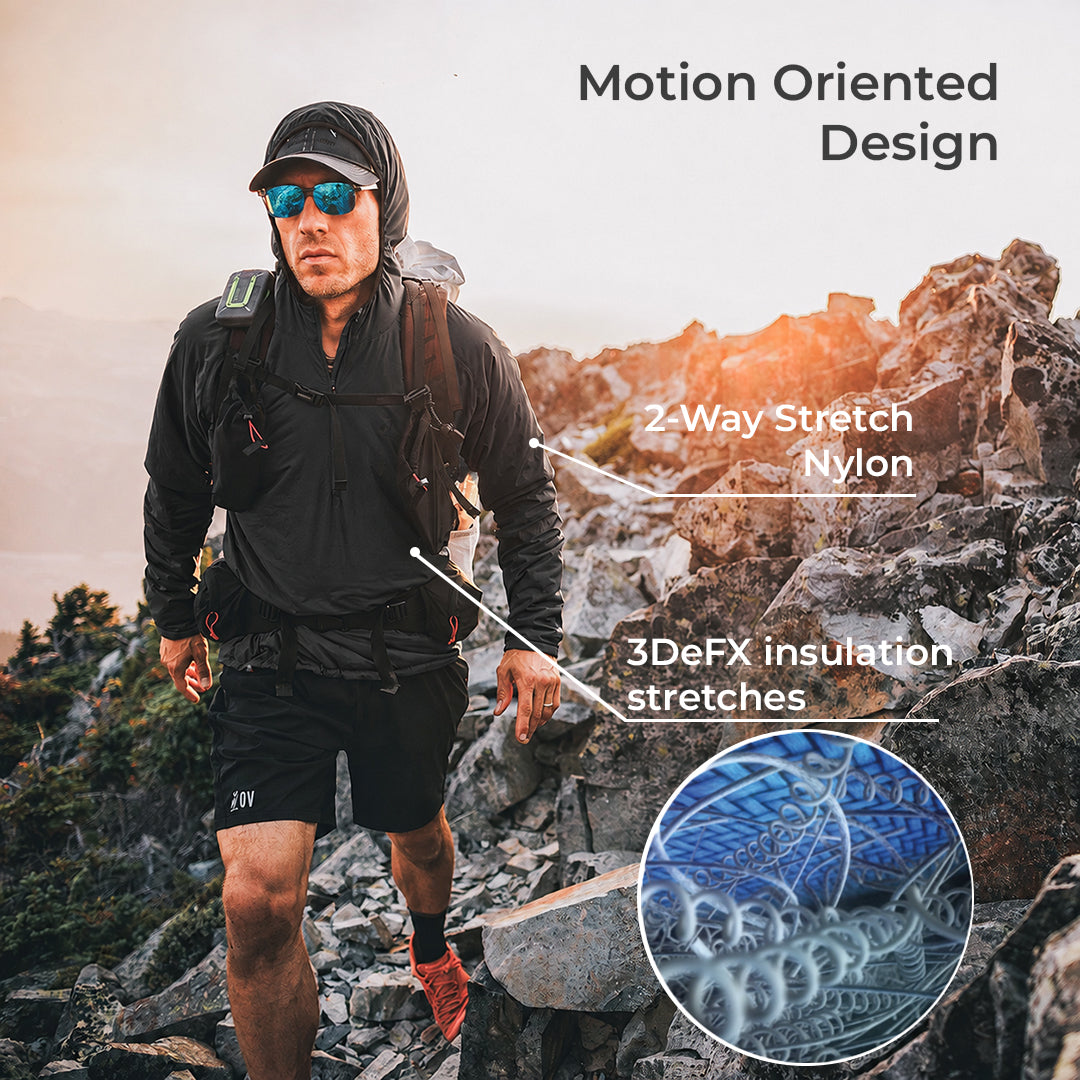 A man hiking on a rocky mountain path wearing a black technical outdoor jacket and backpack, with text reading 'Motion Oriented Design' and callouts highlighting '2 Way Stretch Nylon' and '3DeFX insulation stretches.' A circular inset shows the fabric stretch detail.
