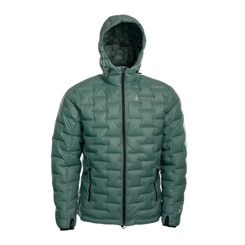 A NovaPro men's down jacket with a hood, featuring a zipper front and quilted design warmth.