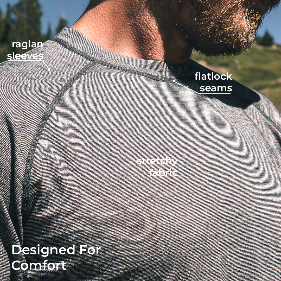 Close-up of a man wearing a heathered athletic shirt, highlighting raglan sleeves, flatlock seams, and stretchy fabric with text overlays.