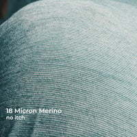 Close-up of textured wool fabric with white text reading '18 Micron Merino no itch.'