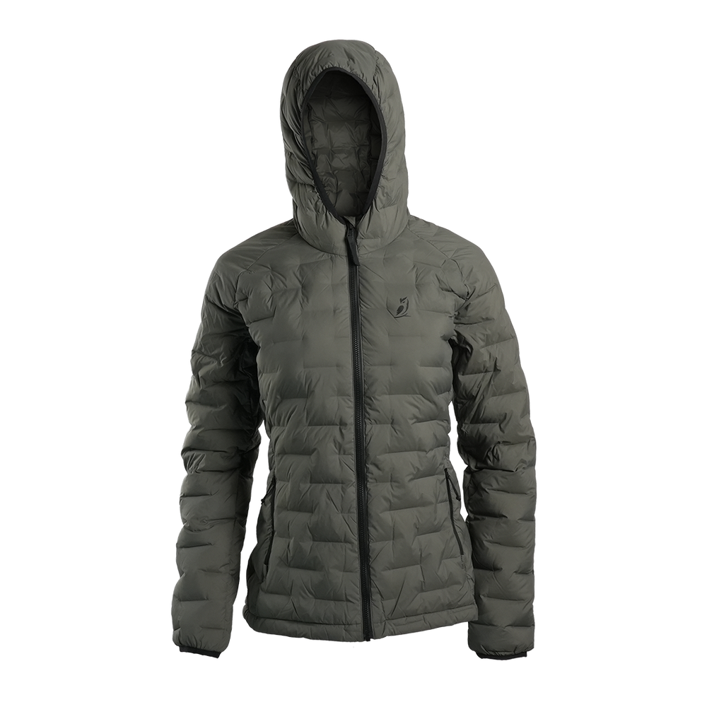 Outdoor Vitals Women’s Zulu Down Jacket in Chimera Gray – front view with hood up, showcasing minimalist design and premium down loft.