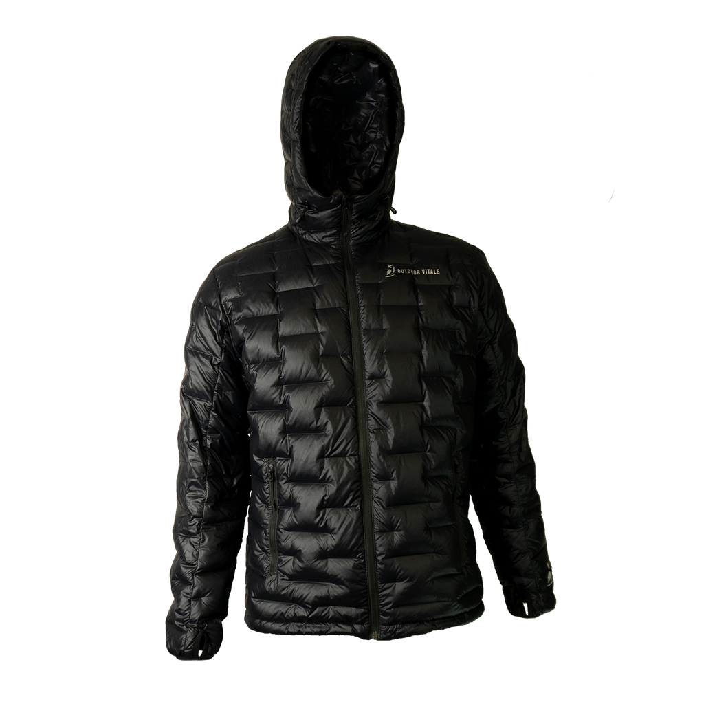 Front view of a Outdoor Vitals insulated hooded jacket, featuring quilted baffles and a full-length zipper.