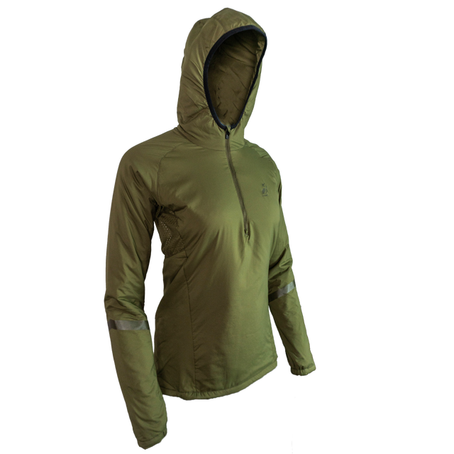 side view of women's olive colored technical quarter-zip mid layer
